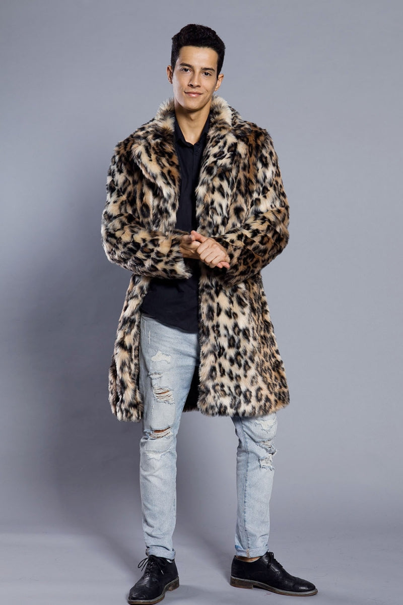Leopard Faux Fur Coat Men's Winter Animal Print Long Outerwear