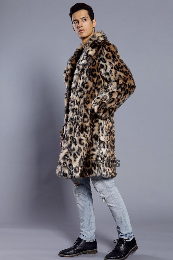 Leopard Faux Fur Coat Men's Winter Animal Print Long Outerwear