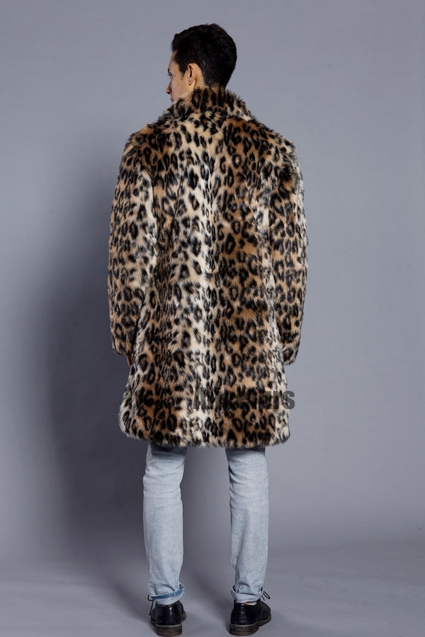 Leopard Faux Fur Coat Men's Winter Animal Print Long Outerwear