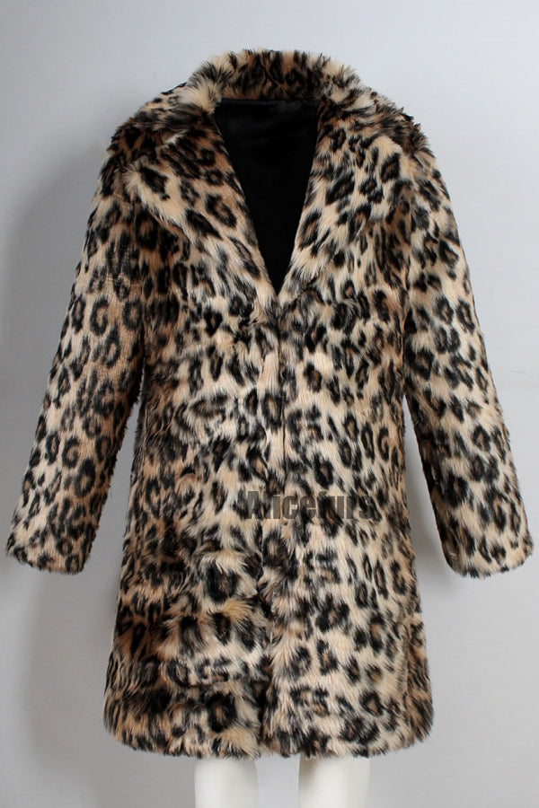 Leopard Faux Fur Coat Men's Winter Animal Print Long Outerwear