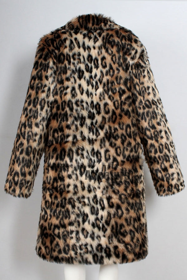 Leopard Faux Fur Coat Men's Winter Animal Print Long Outerwear
