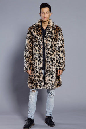 leopard faux fur coat mens winter animal print long outerwear Alicefurs