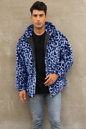 leopard faux fur jacket winter short hooded fuzzy outwear for men in blue 2 Alicefurs