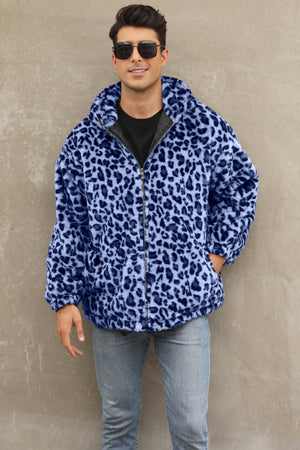 leopard faux fur jacket winter short hooded fuzzy outwear for men in blue 3 Alicefurs