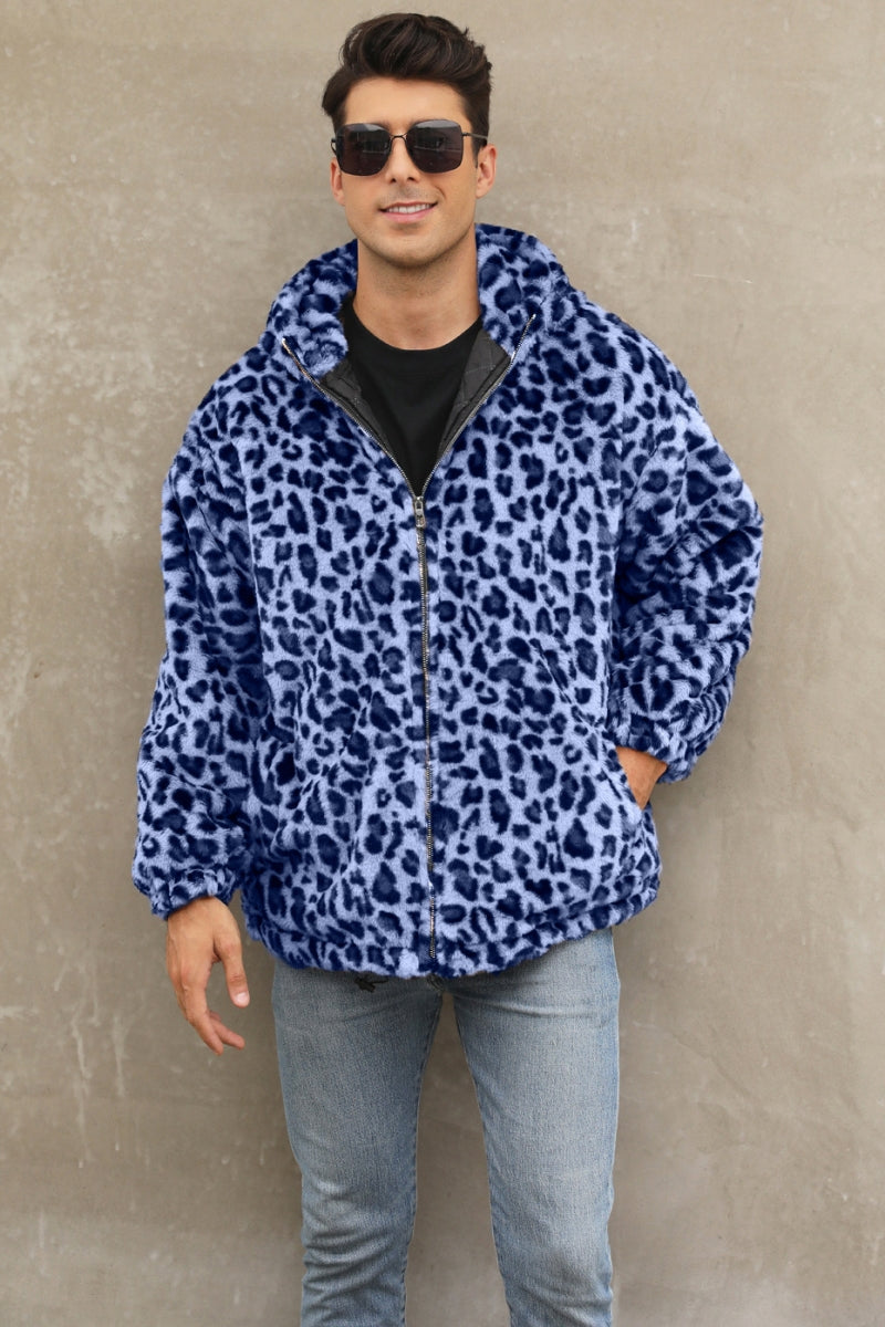 Leopard Faux Fur Jacket Winter Short Hooded Fuzzy Outwear for Men