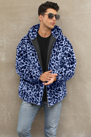leopard faux fur jacket winter short hooded fuzzy outwear for men in blue Alicefurs