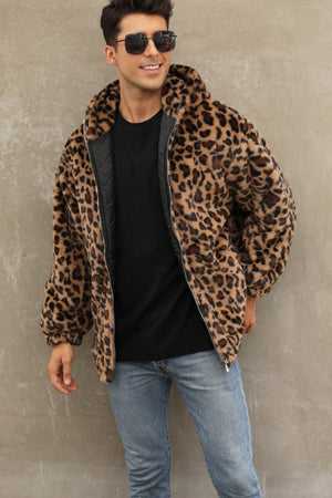 leopard faux fur jacket winter short hooded fuzzy outwear for men in brown 1 Alicefurs