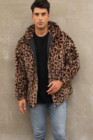 leopard faux fur jacket winter short hooded fuzzy outwear for men in brown 2 Alicefurs