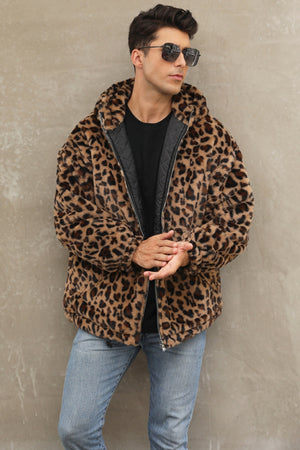 leopard faux fur jacket winter short hooded fuzzy outwear for men in brown Alicefurs