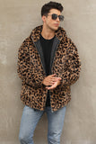 Leopard Faux Fur Jacket Winter Short Hooded Fuzzy Outwear for Men