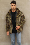 Leopard Faux Fur Jacket Winter Short Hooded Fuzzy Outwear for Men