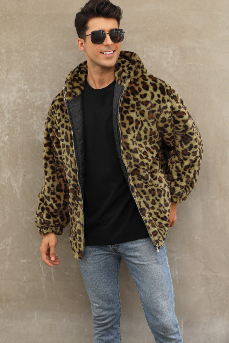 Leopard Faux Fur Jacket Winter Short Hooded Fuzzy Outwear for Men