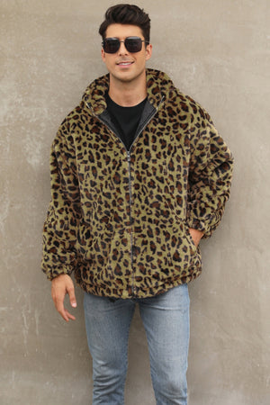 leopard faux fur jacket winter short hooded fuzzy outwear for men in green 3 Alicefurs