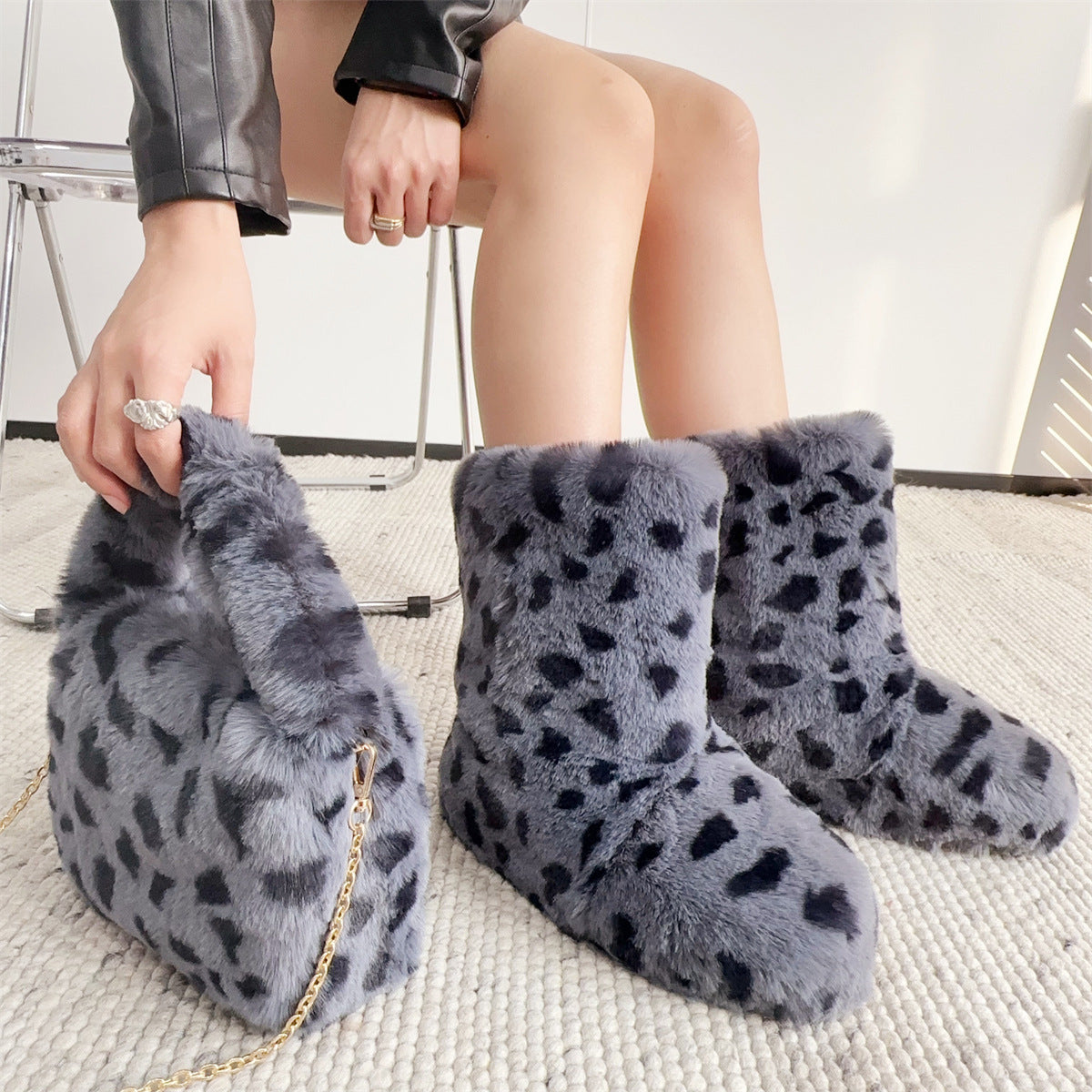 Leopard Fur Boots and Purse Set Holiday Gifts for Women