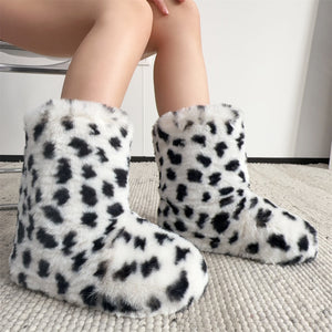leopard fur boots y2k winter fuzzy boots for women in black and white Alicefurs