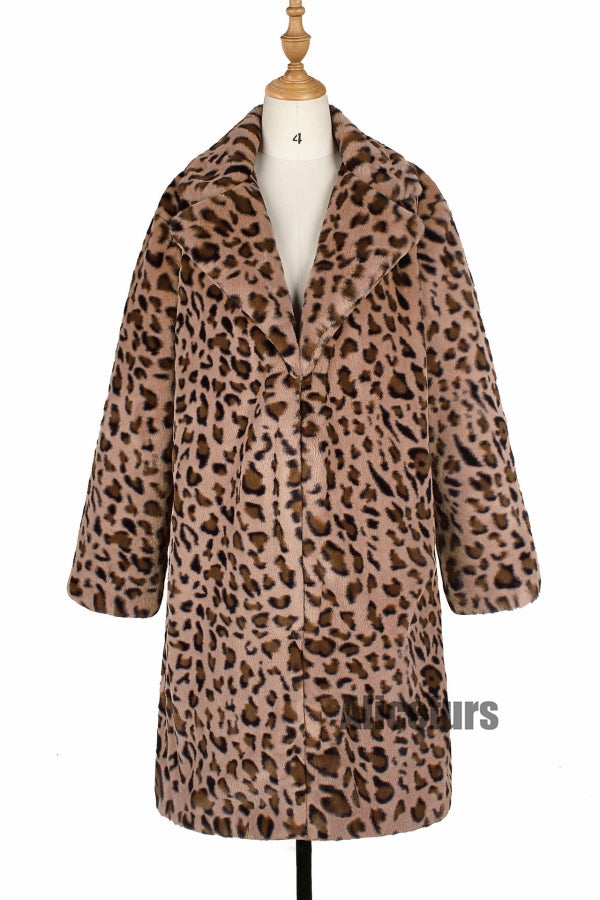 Leopard Fur Coat Long Animal Print Fuzzy Outerwear for Women