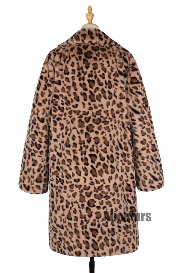 Leopard Fur Coat Long Animal Print Fuzzy Outerwear for Women