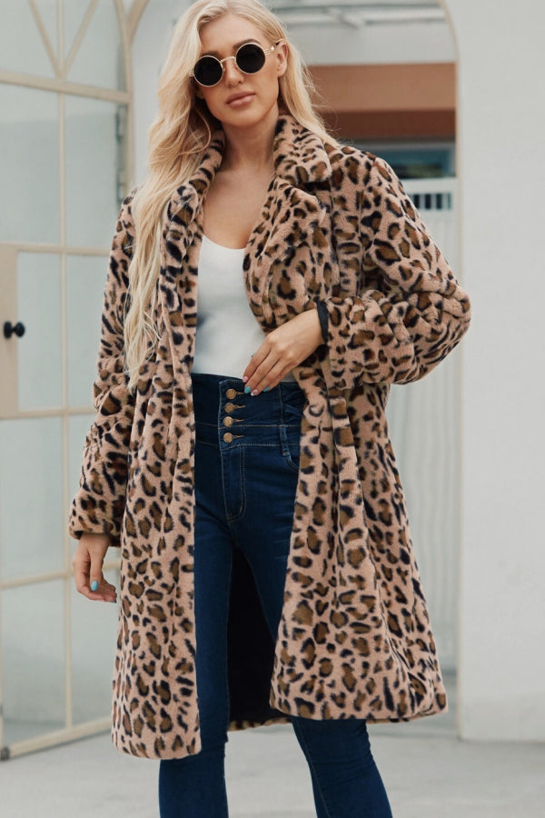 Leopard Fur Coat Long Animal Print Fuzzy Outerwear for Women