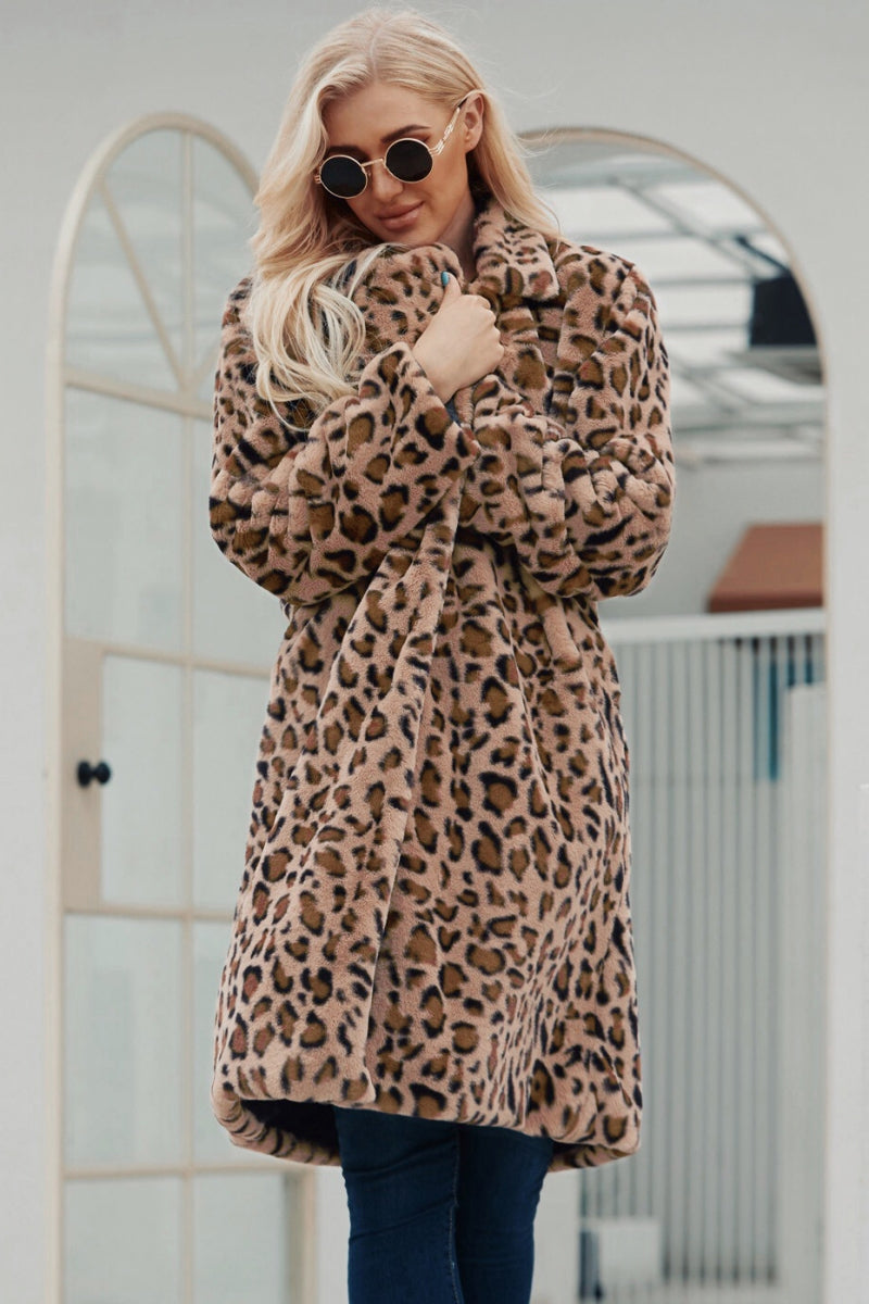 Leopard Fur Coat Long Animal Print Fuzzy Outerwear for Women