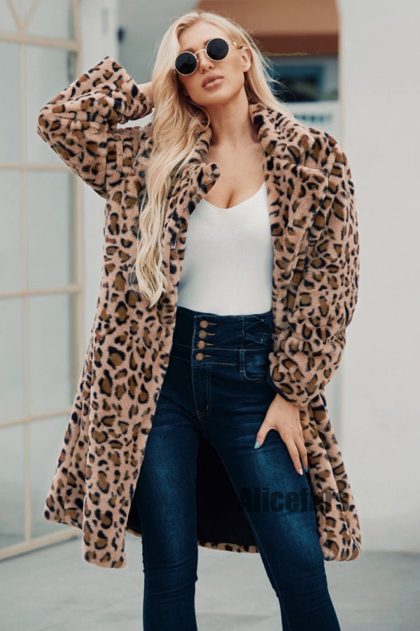 Leopard Fur Coat Long Animal Print Fuzzy Outerwear for Women