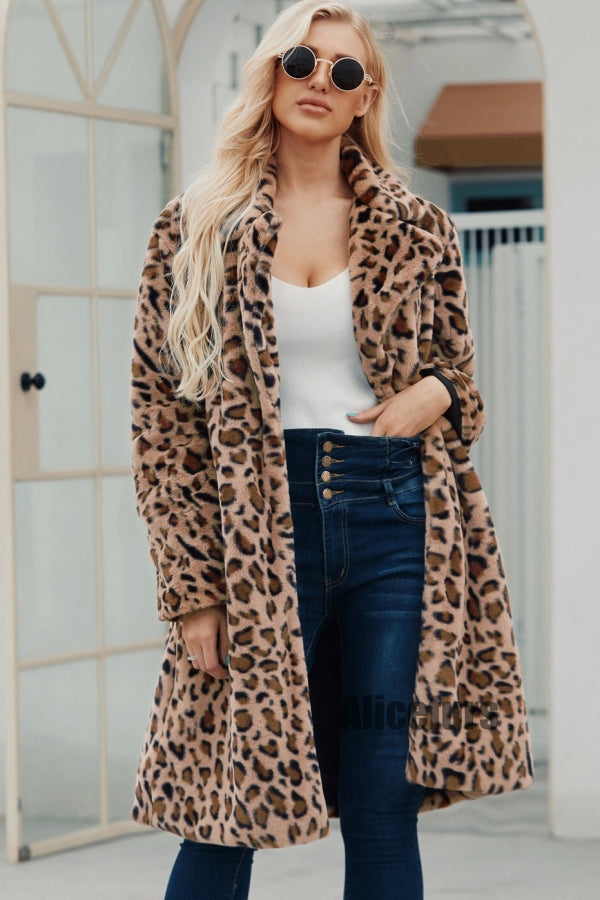 Leopard Fur Coat Long Animal Print Fuzzy Outerwear for Women