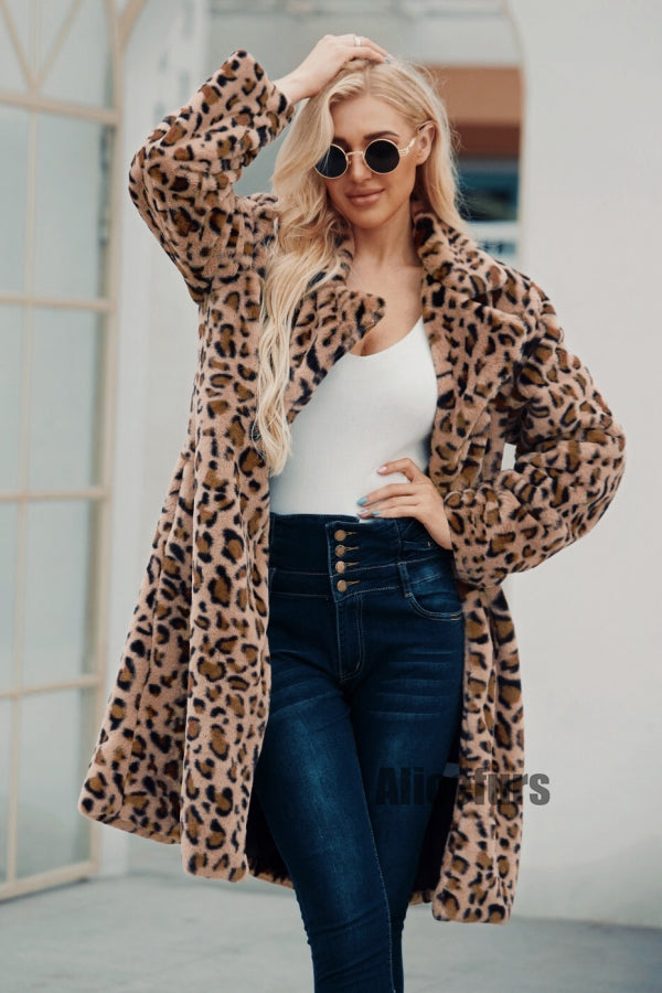 Leopard Fur Coat Long Animal Print Fuzzy Outerwear for Women