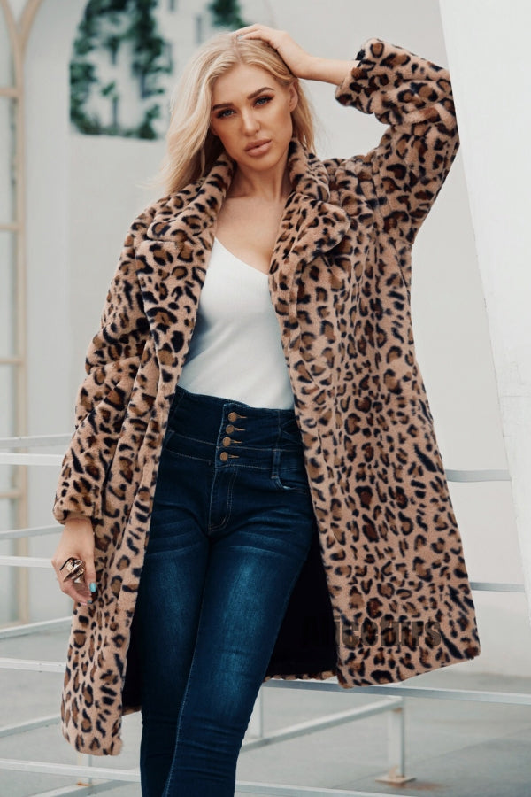 Leopard Fur Coat Long Animal Print Fuzzy Outerwear for Women