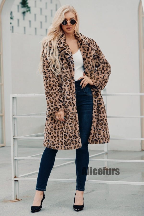 Leopard Fur Coat Long Animal Print Fuzzy Outerwear for Women