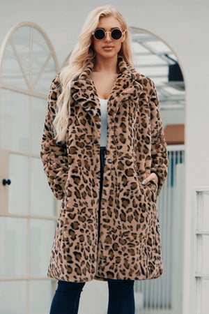 leopard fur coat long animal print fuzzy outerwear for women Alicefurs
