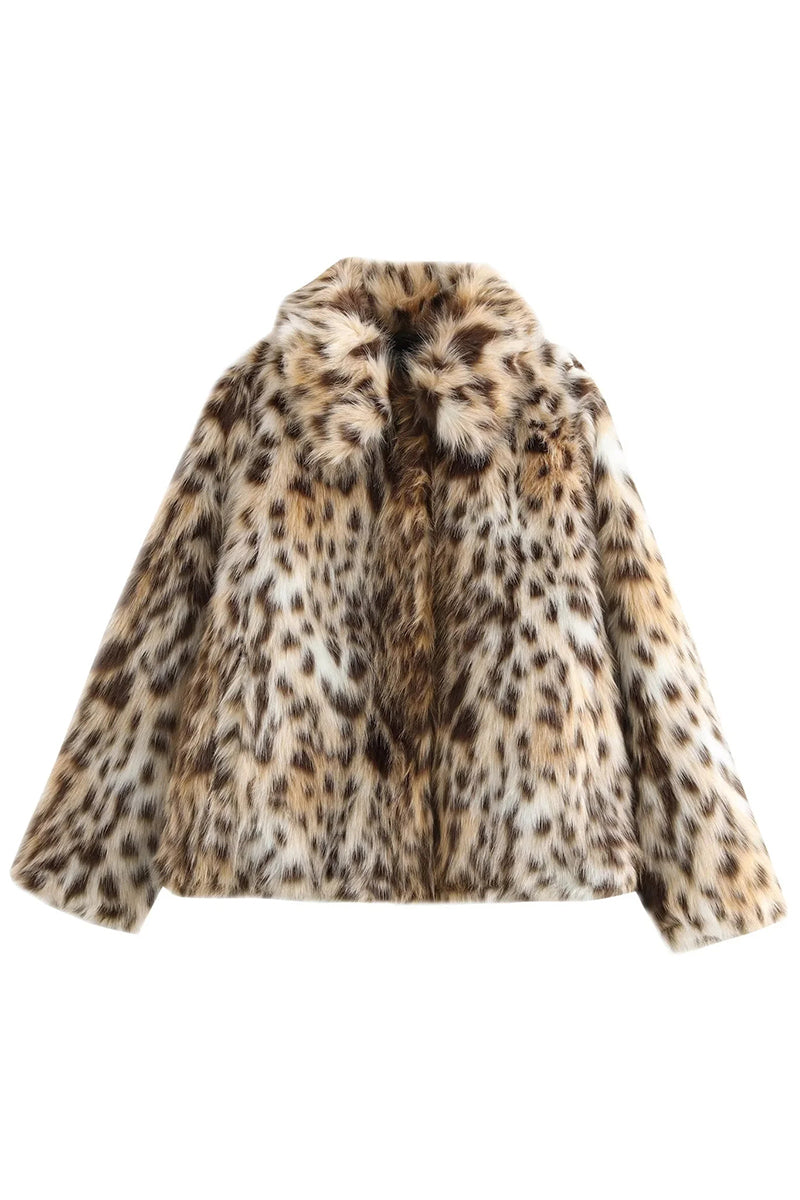 Leopard Fur Jacket Short Animal Print Fluffy Coat for Women
