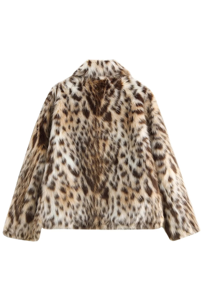 Leopard Fur Jacket Short Animal Print Fluffy Coat for Women