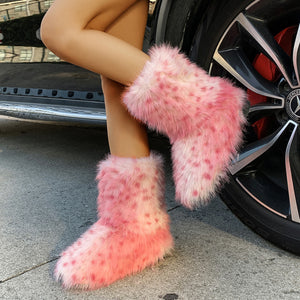 leopard print fur boots winter flat furry boots for women in pink 1 Alicefurs