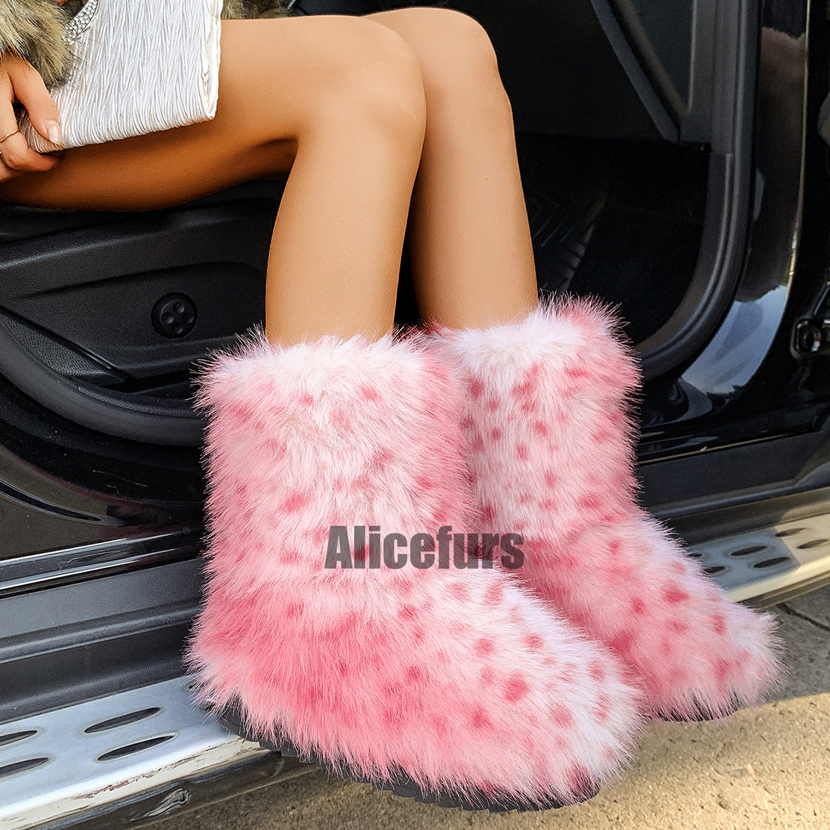Leopard Print Fur Boots Winter Flat Furry Boots for Women