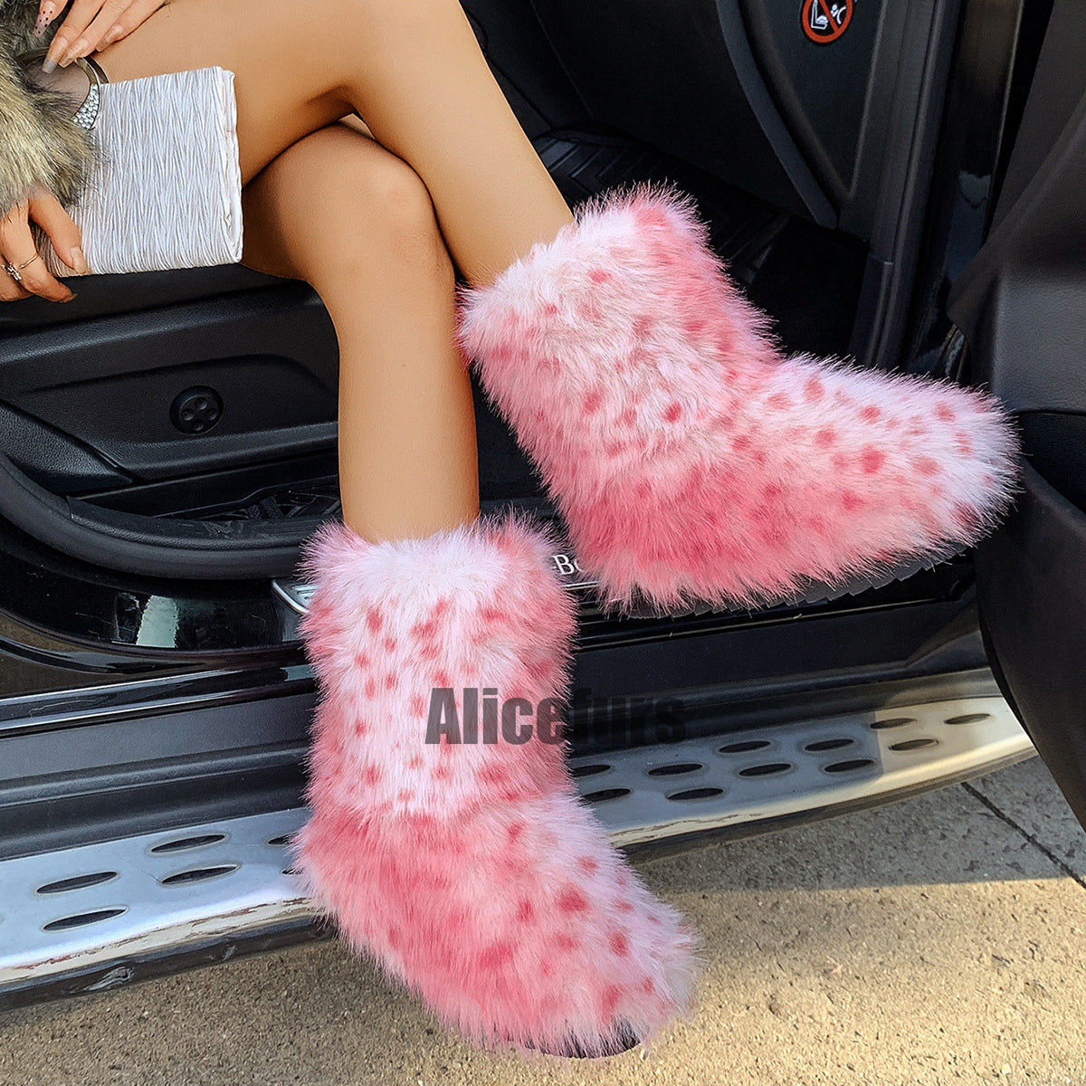 Leopard Print Fur Boots Winter Flat Furry Boots for Women