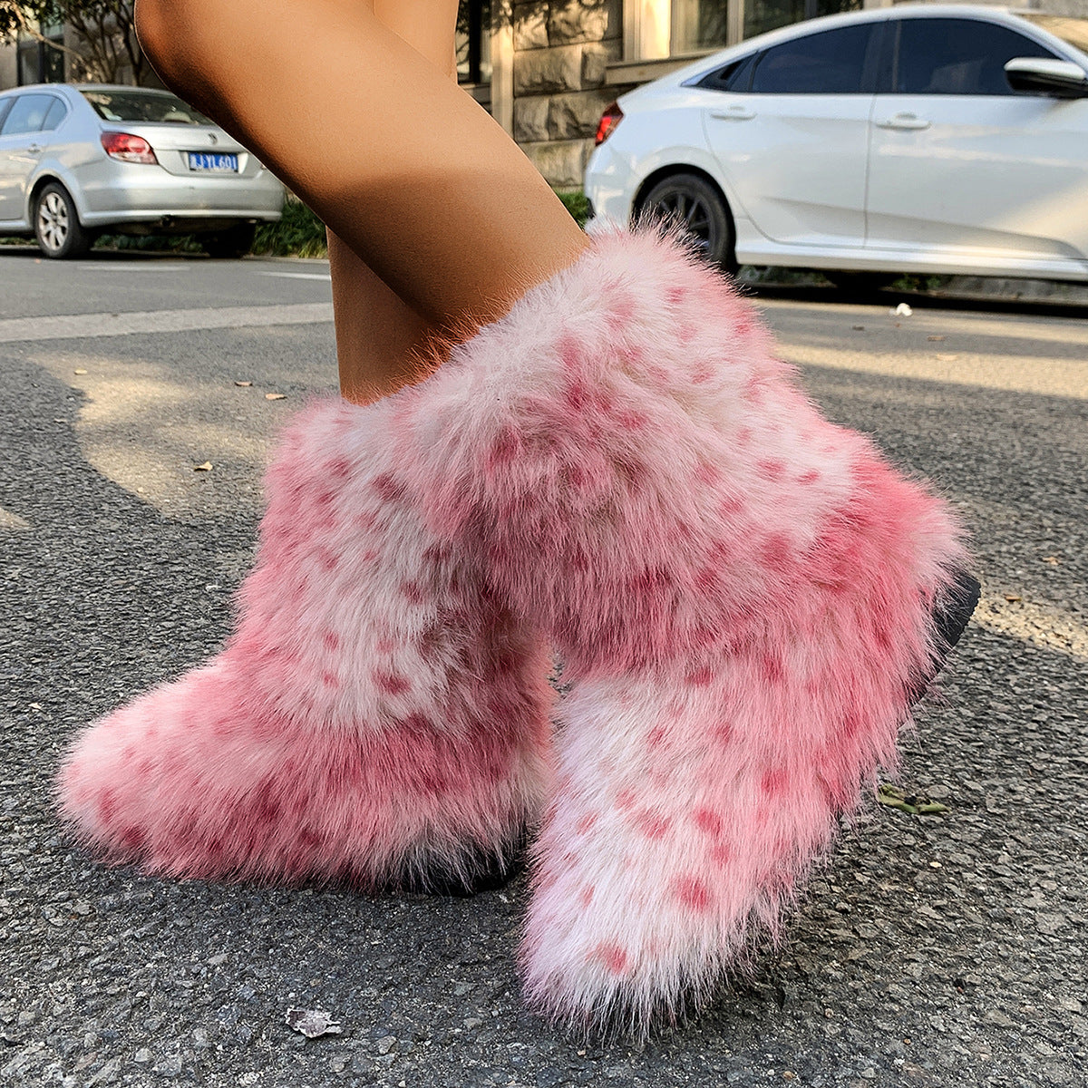 Leopard Print Fur Boots Winter Flat Furry Boots for Women
