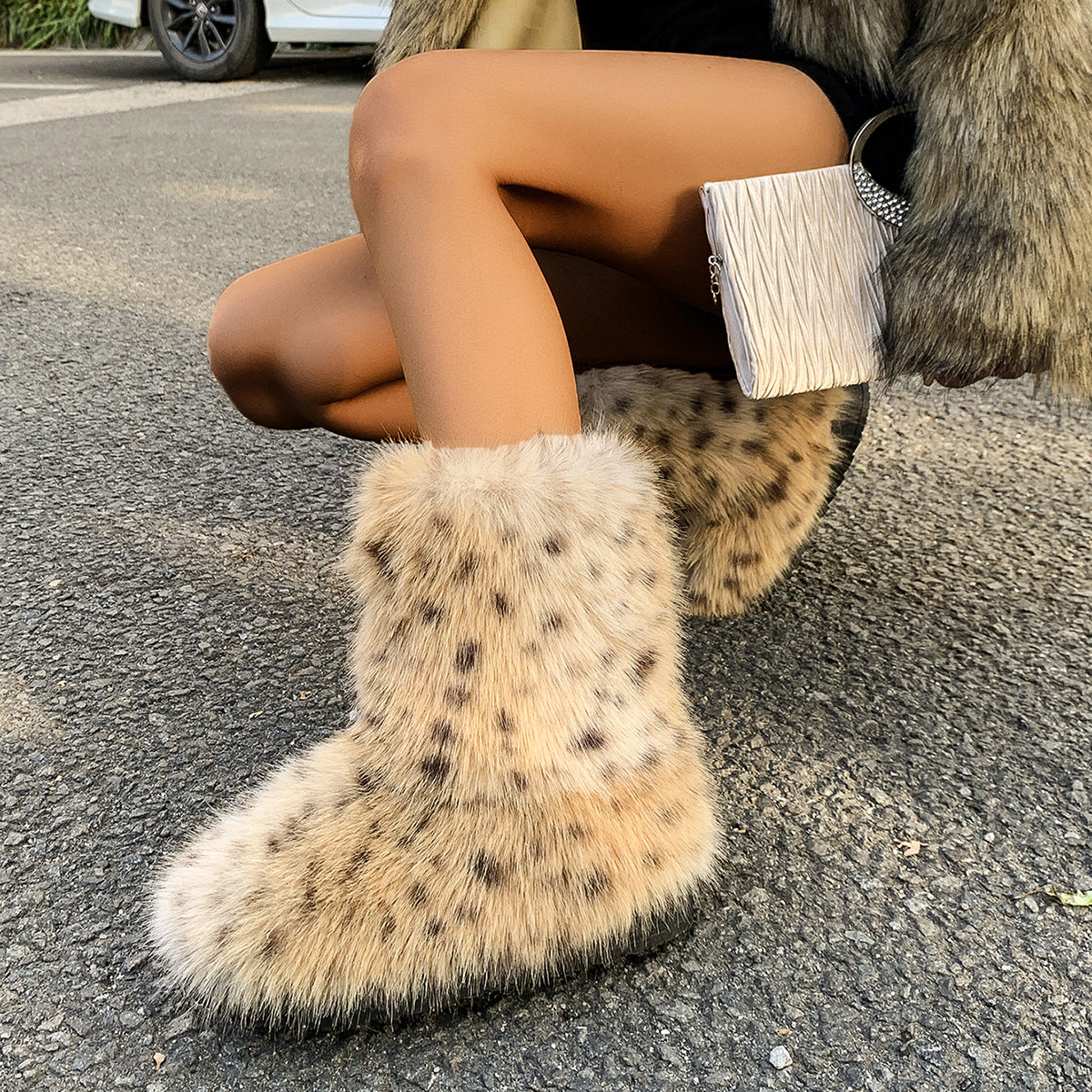 Leopard Print Fur Boots Winter Flat Furry Boots for Women