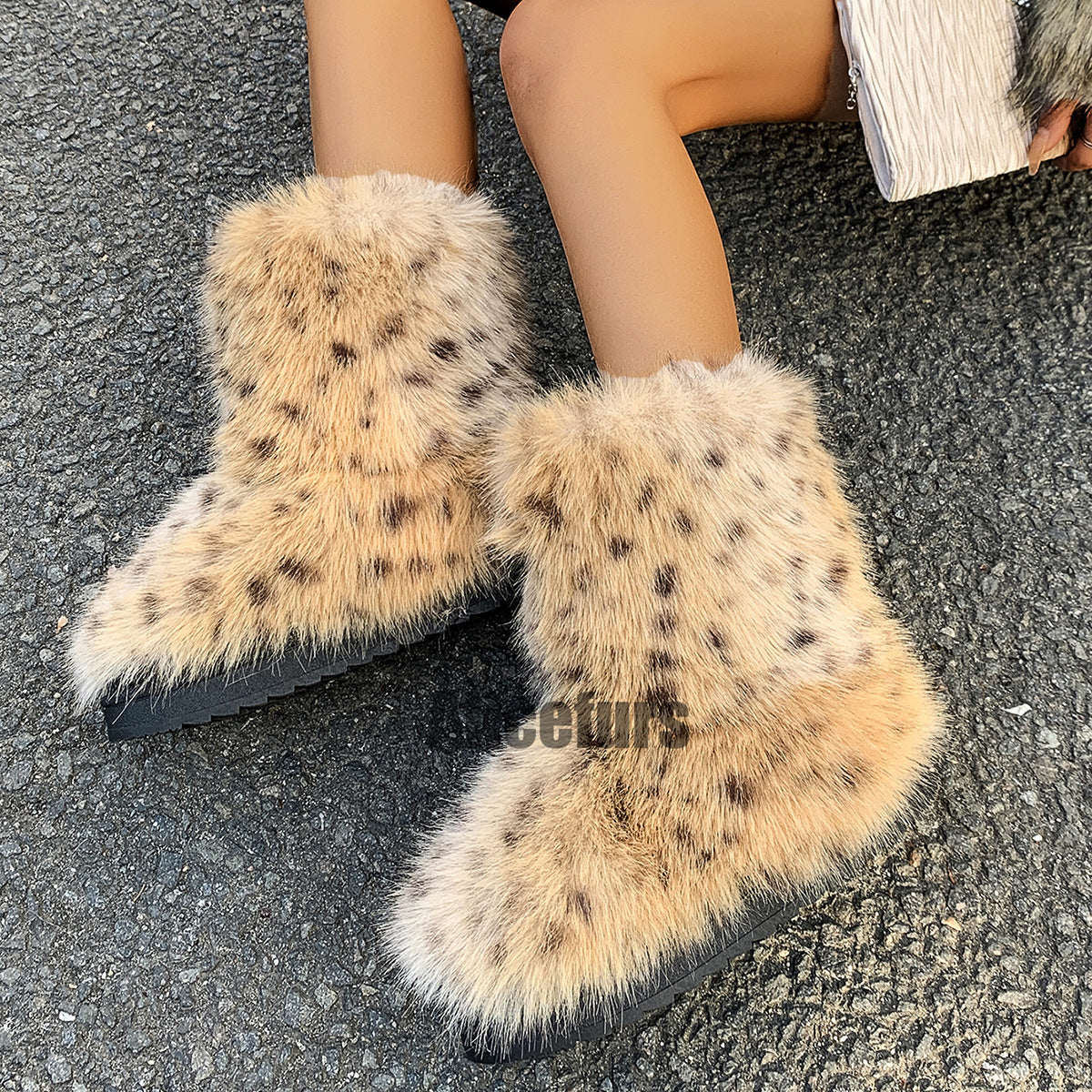 Leopard Print Fur Boots Winter Flat Furry Boots for Women