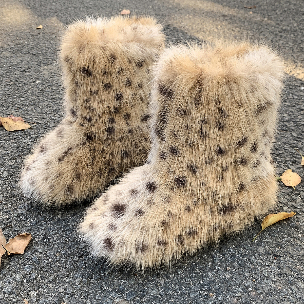 Leopard Print Fur Boots Winter Flat Furry Boots for Women