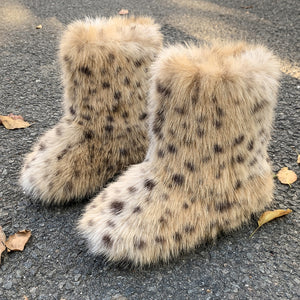 leopard print fur boots winter flat furry boots for women in tan brown Alicefurs
