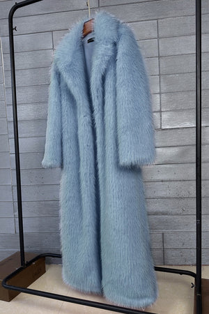 long faux fur coat winter full length elegant overcoat for women in dusty blue 1 Alicefurs