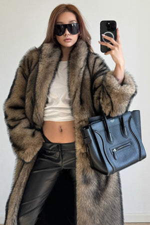 long faux fur coat womens shawl collar overcoat in brown 2 Alicefurs