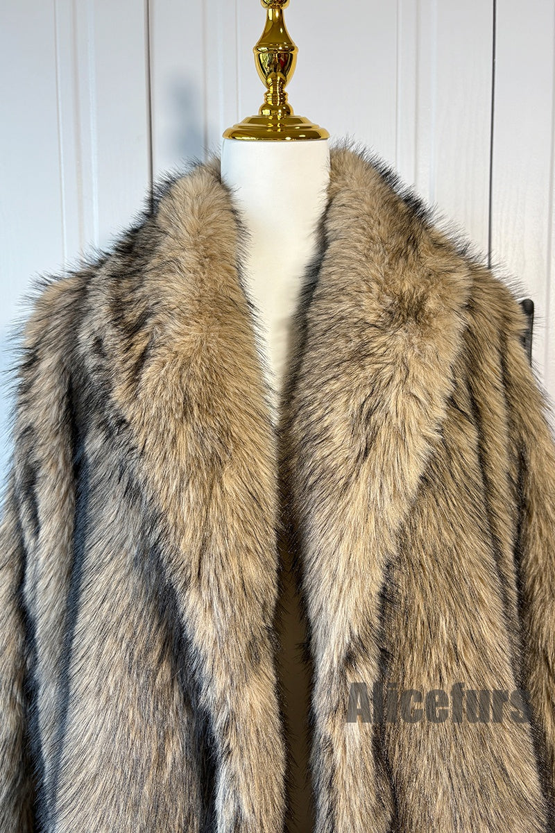 Long Faux Fur Coat Women's Shawl Collar Overcoat