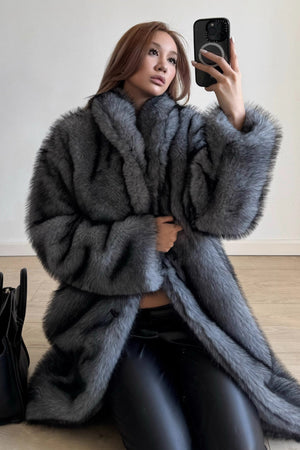long faux fur coat womens shawl collar overcoat in silver 2 Alicefurs