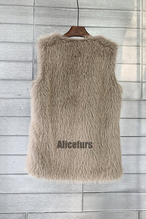 long faux fur vest for women in khaki 1 Alicefurs