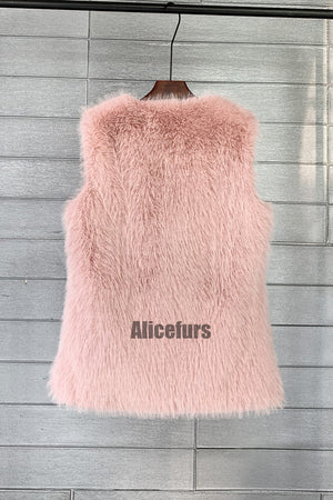 long faux fur vest for women in pink 1 Alicefurs