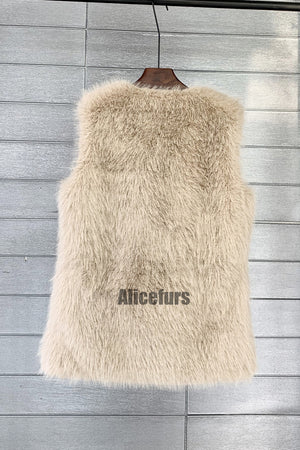 long faux fur vest for women in tan 1 Alicefurs