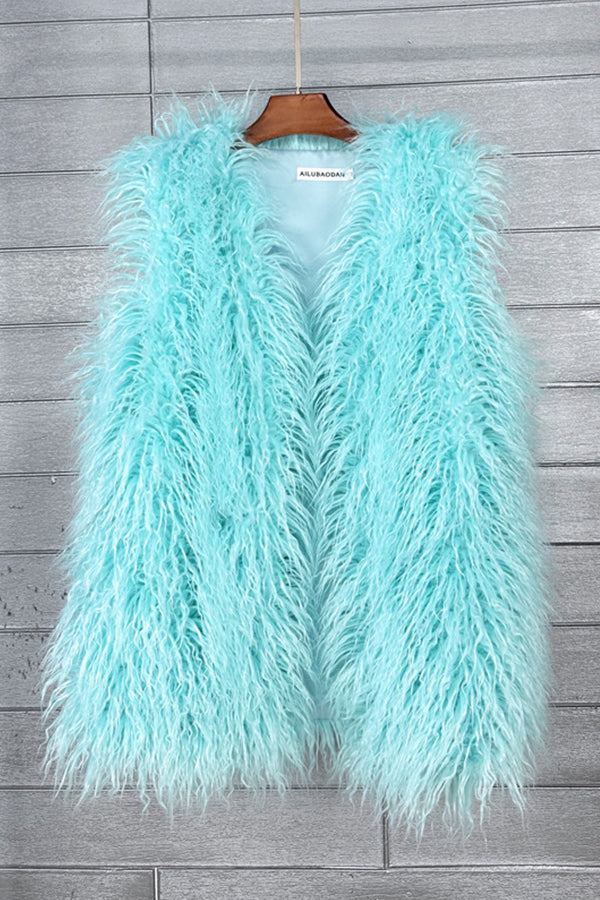 Long Faux Fur Vest Sleeveless Tibetan Lamb Fluffy Jacket for Women