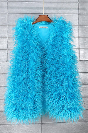 long faux fur vest sleeveless tibetan lamb fluffy jacket for women in cerulean blue Alicefurs