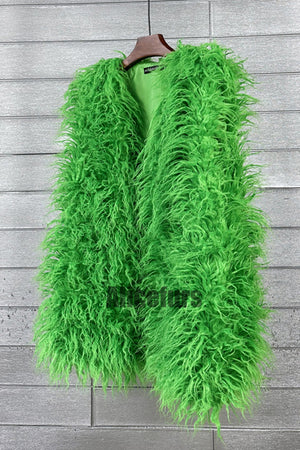 long faux fur vest sleeveless tibetan lamb fluffy jacket for women in green 1 Alicefurs