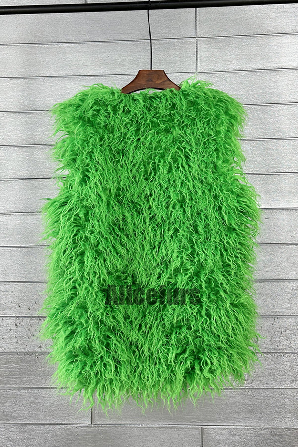 Long Faux Fur Vest Sleeveless Tibetan Lamb Fluffy Jacket for Women